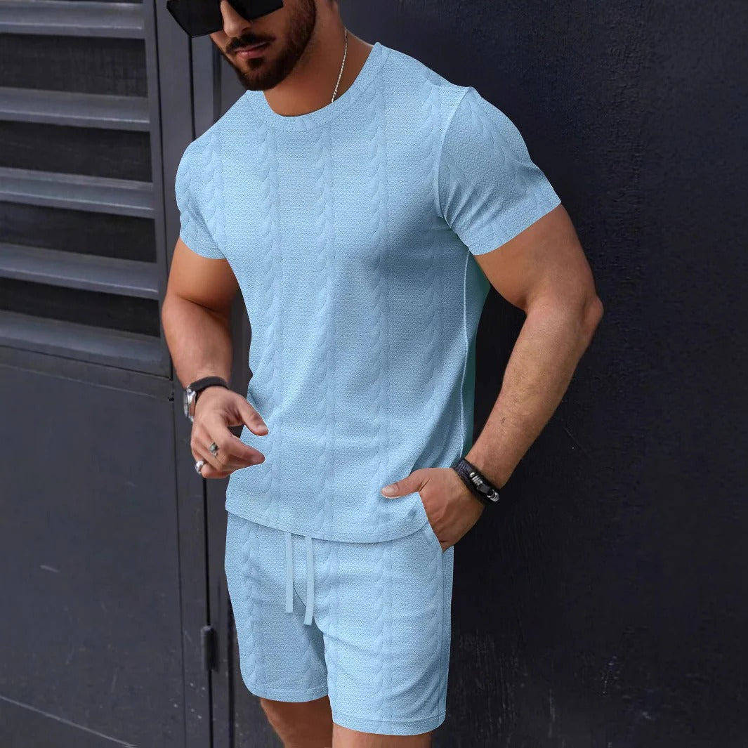 Herren T-Shirt und Shorts Set – Strukturstrick – Regular Fit – Rundhals – Kordelzug