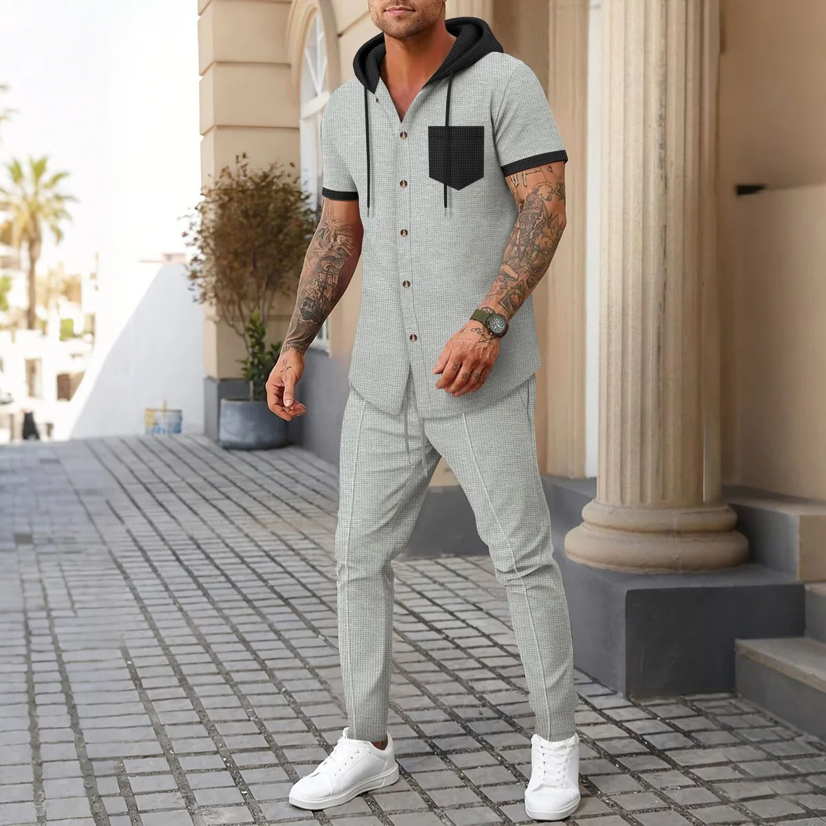 Herren Trainingsanzug Set – Baumwollmix – Relaxed Fit – Kapuzenjacke mit Knöpfen