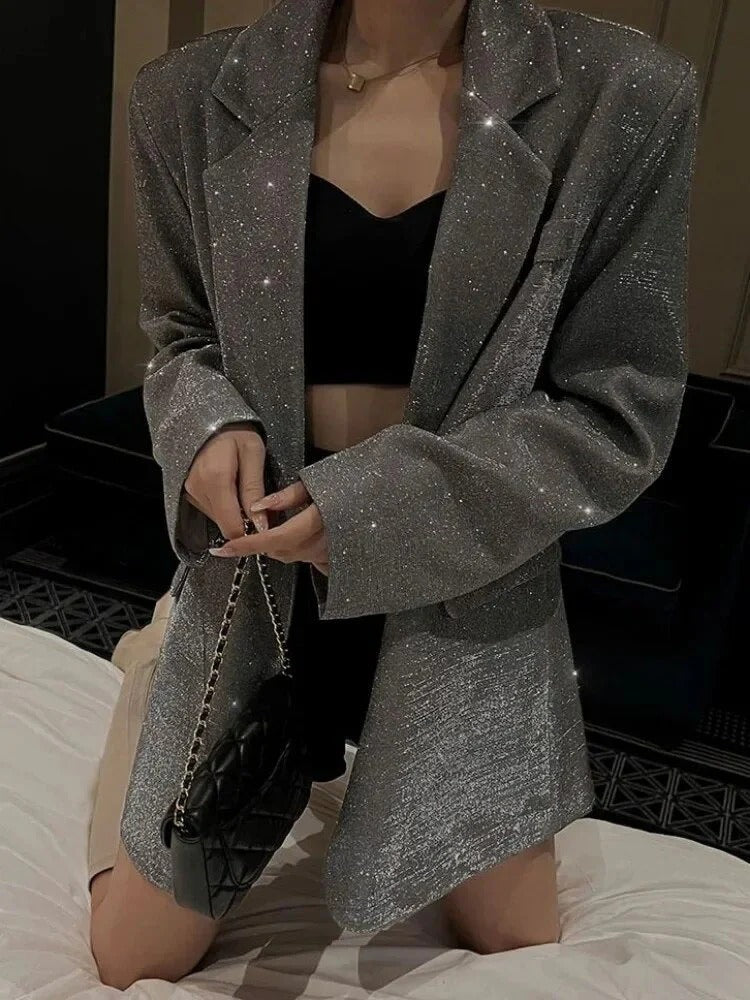 Damen Blazer – Oversized Passform – Glitzerndes Gewebe – Einreiher – Langform