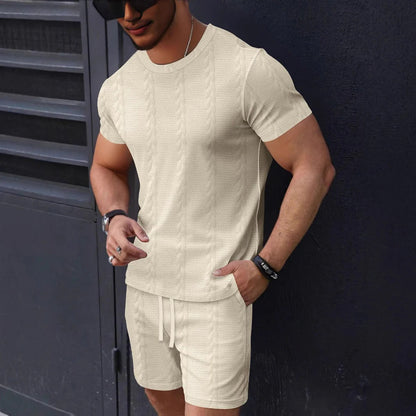 Herren T-Shirt und Shorts Set – Strukturstrick – Regular Fit – Rundhals – Kordelzug