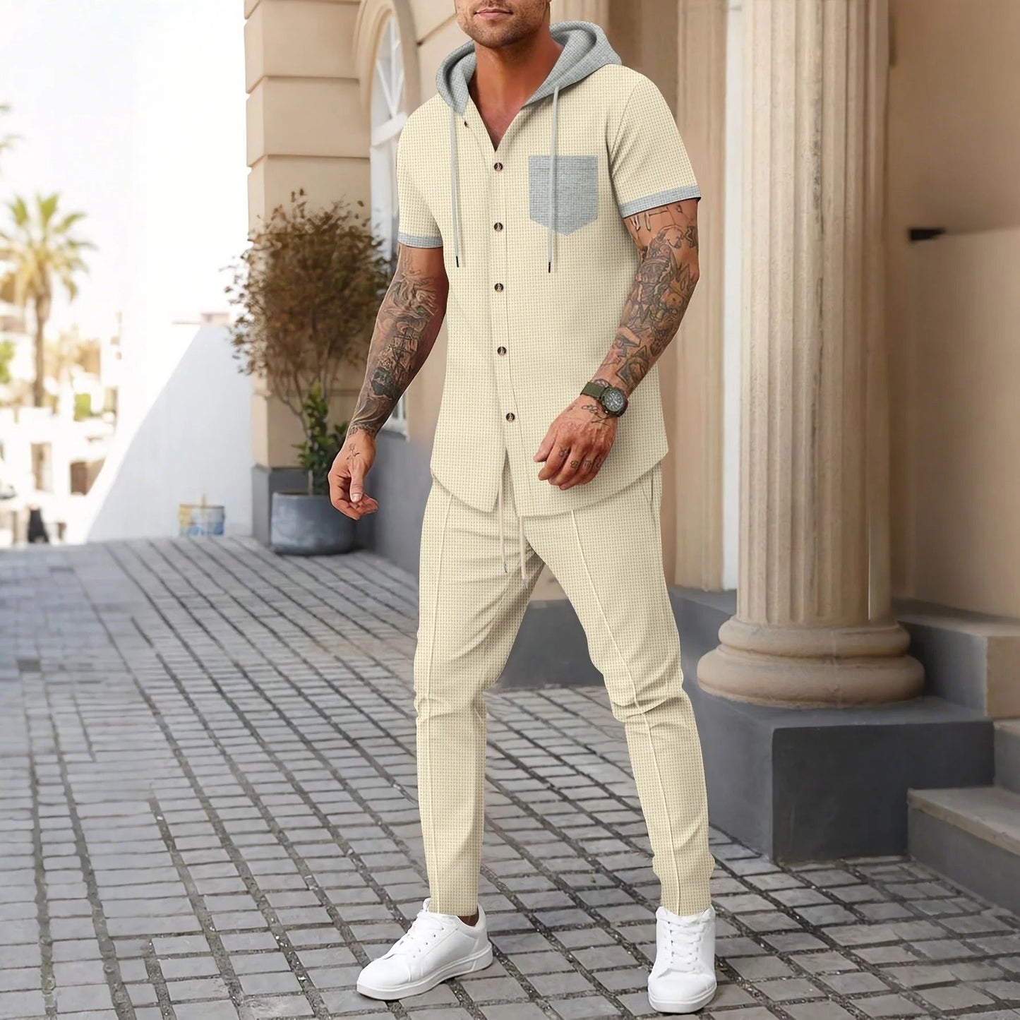 Herren Trainingsanzug Set – Baumwollmix – Relaxed Fit – Kapuzenjacke mit Knöpfen