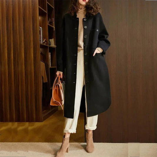 Damen Trenchcoat – Wollmix – Lockerer Schnitt – Lang – Kragenlos Minimalistisch
