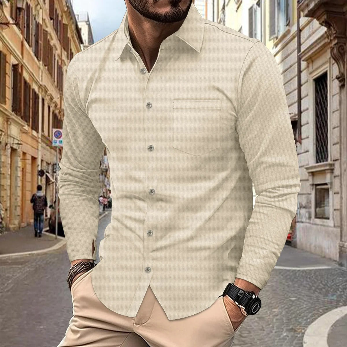 Herren Langarmhemd – Slim Fit – Atmungsaktiv – Knopfleiste mit Brusttasche