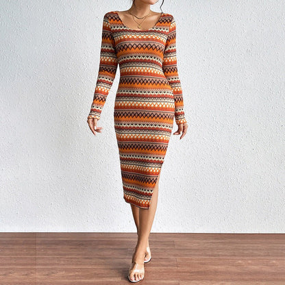 Damen Midikleid – Slim Fit – Scoop-Ausschnitt – Langarm – Geometrisches Muster – Asymmetrischer Schlitz