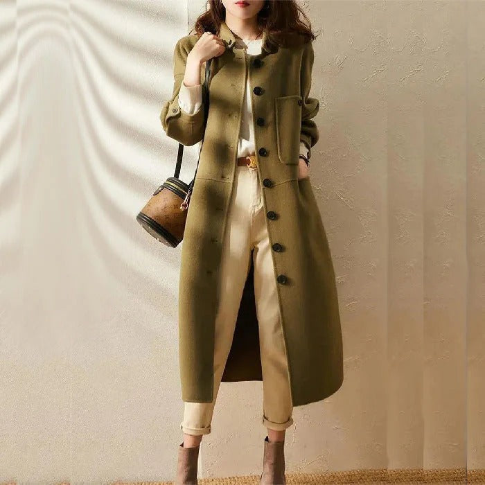 Damen Trenchcoat – Wollmix – Lockerer Schnitt – Lang – Kragenlos Minimalistisch