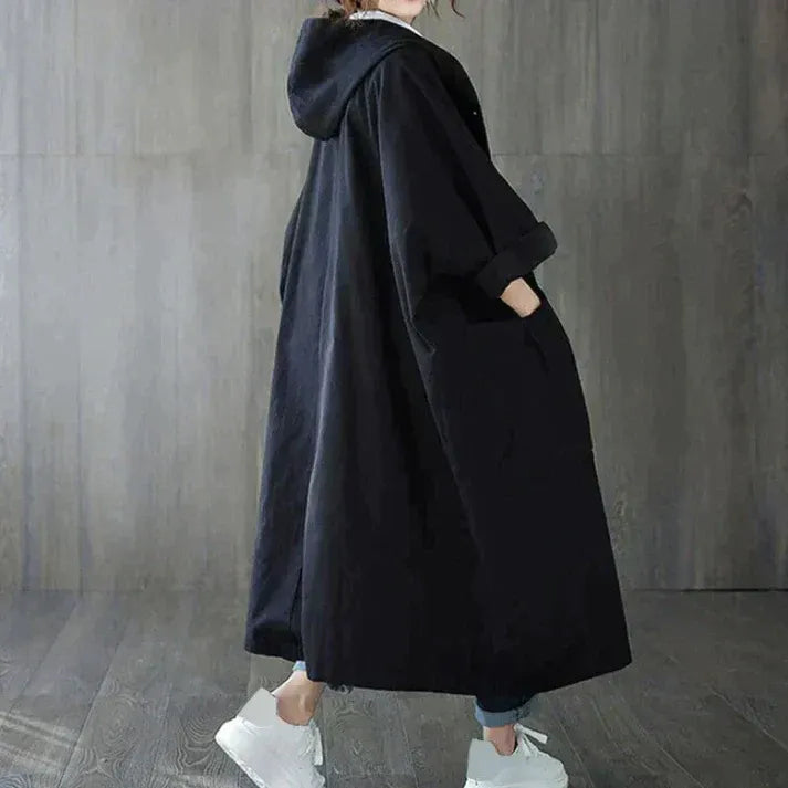 Damen Trenchcoat – Oversized Fit – Kapuze – Knopfverschluss – Baumwollähnlich