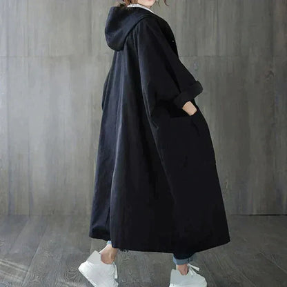 Damen Trenchcoat – Oversized Fit – Kapuze – Knopfverschluss – Baumwollähnlich