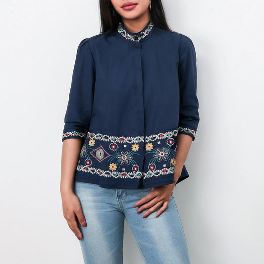 Damen Bluse – Lockerer Schnitt – Bestickt – Hoher Kragen – Verdeckte Knopfleiste – Baumwolle