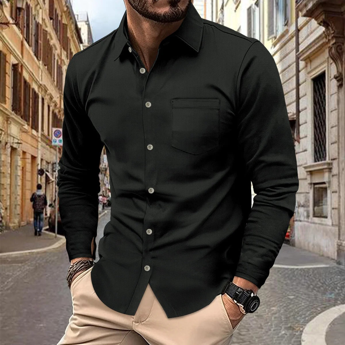 Herren Langarmhemd – Slim Fit – Atmungsaktiv – Knopfleiste mit Brusttasche