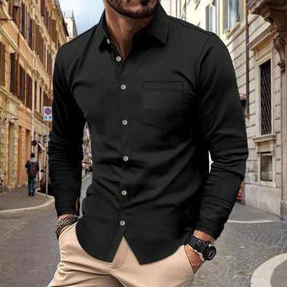 Herren Langarmhemd – Slim Fit – Atmungsaktiv – Knopfleiste mit Brusttasche