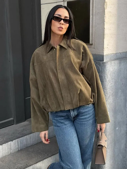 Damen Übergangsjacke – Wildlederoptik – Lockerer Oversize Schnitt – Hemdkragen – Hüftlang