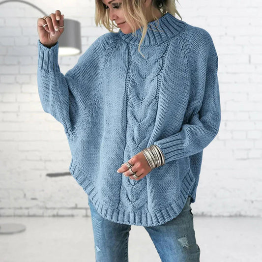 Damen Pullover – Oversized Fit – Wollstrick – Rollkragen – Fledermausärmel – Zopfmuster