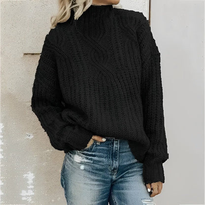 Damen Pullover – Oversize Passform – Wollmix – Zopfmuster – Hoher Kragen