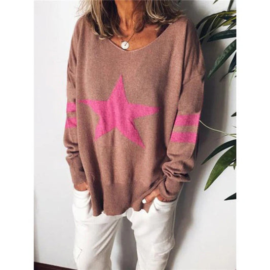 Damen Pullover – Lockerer Schnitt – Weicher Strick – Sternmotiv – Rundhals – Langarm