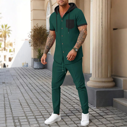 Herren Trainingsanzug Set – Baumwollmix – Relaxed Fit – Kapuzenjacke mit Knöpfen