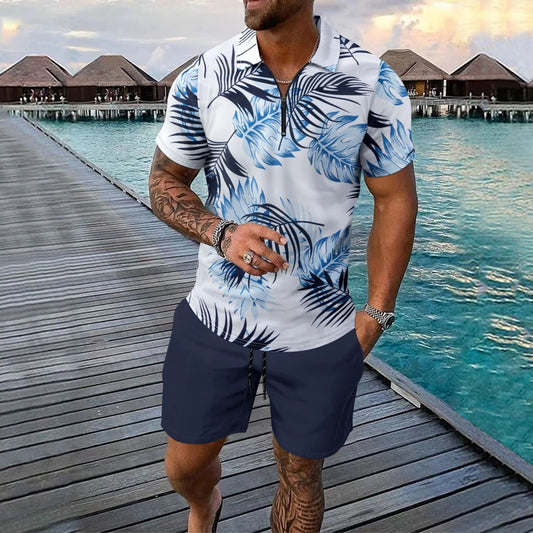 Herren Set mit Poloshirt und Shorts – Slim Fit – Atmungsaktiv – Kurzarm – Reißverschluss – Tropenprint