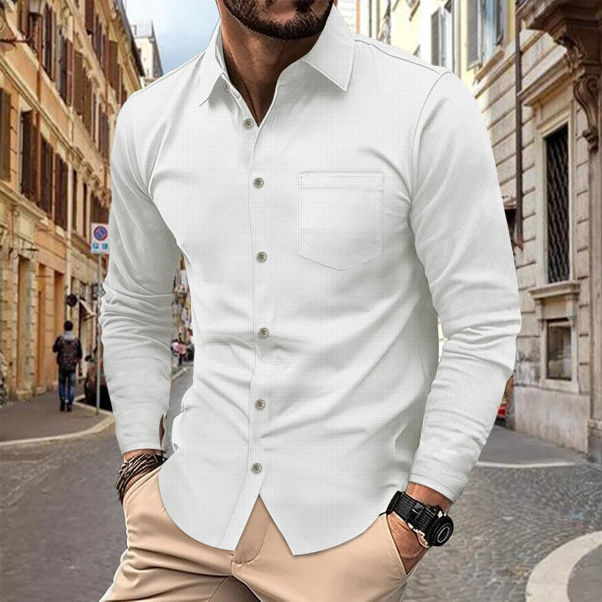 Herren Langarmhemd – Slim Fit – Atmungsaktiv – Knopfleiste mit Brusttasche