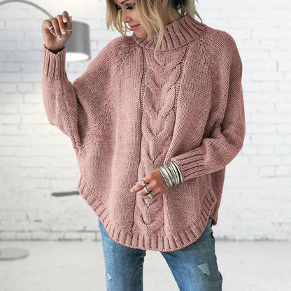 Damen Pullover – Oversized Fit – Wollstrick – Rollkragen – Fledermausärmel – Zopfmuster