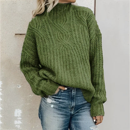 Damen Pullover – Oversize Passform – Wollmix – Zopfmuster – Hoher Kragen