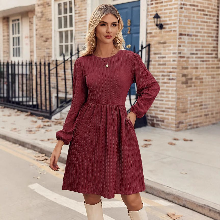 Damen Kleid – Fit and Flare – Strukturiertes Jacquard – Rundhals – Puffärmel Langarm