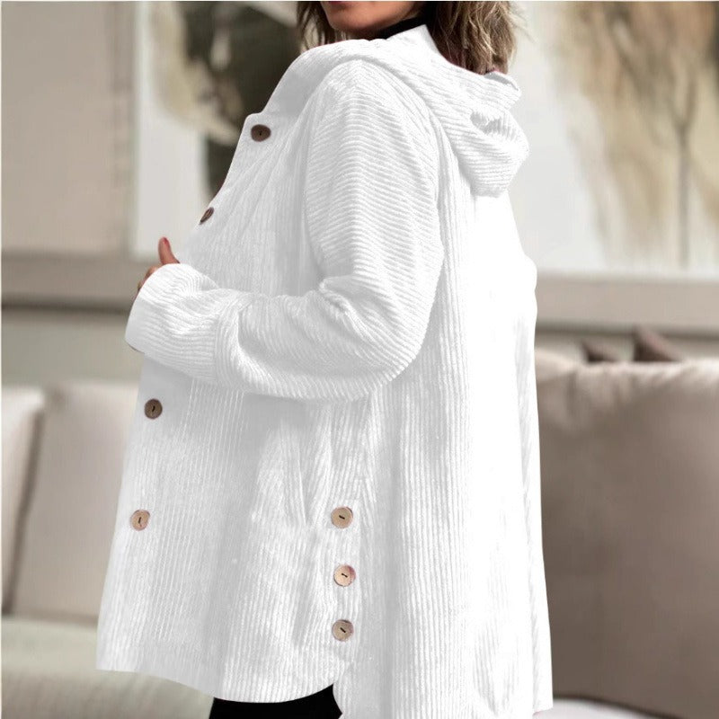 Damen Freizeitjacke – Cordstoff – Lockerer Schnitt – Kapuze – Knopfverschluss