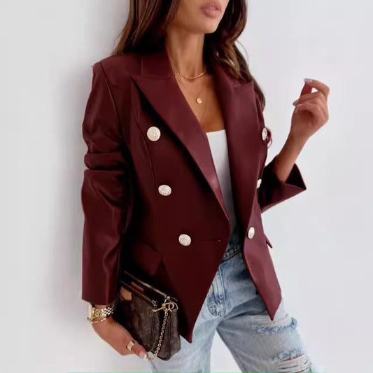 Damen Blazer – Taillierter Schnitt – Kunstleder-Optik – Doppelreihig – Strukturierte Schultern