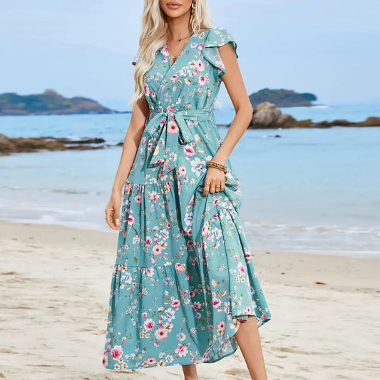 Damen Boho Kleid – V-Ausschnitt – Bindegürtel – Blumenmuster – Rüschenärmel – Stufenrock