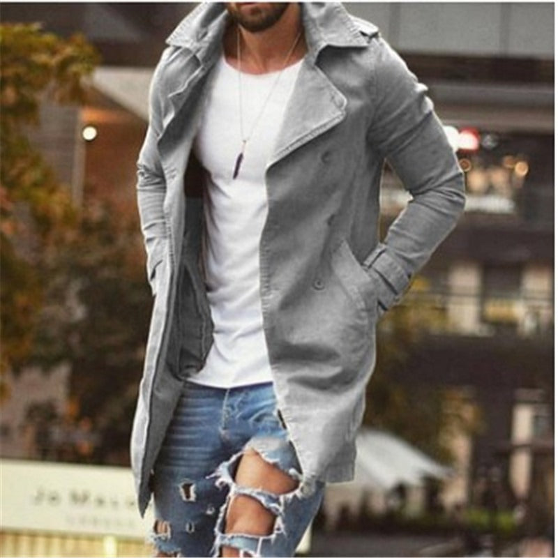 Herren Mantel – Slim Fit – Baumwollmix – Doppelreiher mit Revers – Mittellang
