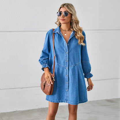 Damen Kleid – Denim – A-Linie – Lockerer Schnitt – Knopfleiste – Langarm