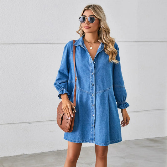 Damen Kleid – Denim – A-Linie – Lockerer Schnitt – Knopfleiste – Langarm