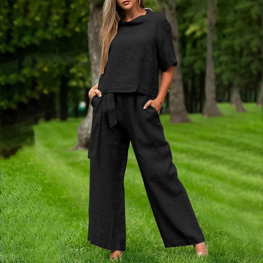 Damen Zweiteiler Set – Lockerer Schnitt – Kurzarm Oberteil – Weite Hose – Baumwollgefühl