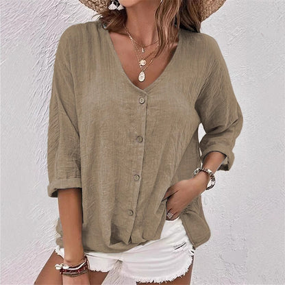 Damen Bluse – Lockere Passform – V-Ausschnitt – Kurzarm – Knopfleiste Baumwolle