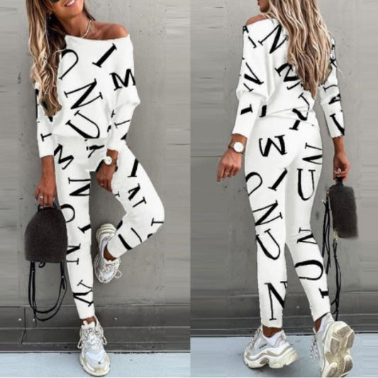 Damen Freizeitanzug – Off Shoulder Top mit Letter Print – Slim Fit Hose – Baumwollmix
