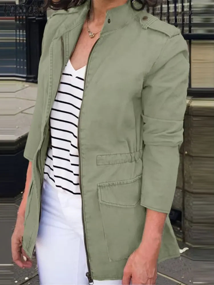 Damen Cargo Jacke – Relaxed Fit – Cotton – Stehkragen – Reißverschluss – Taschen
