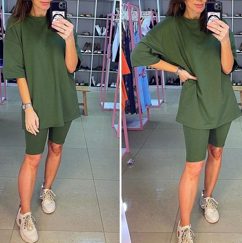 Damen Zweiteiler Set – Tunika mit Taillengürtel – Figurbetonte Radlerhose – Atmungsaktiv