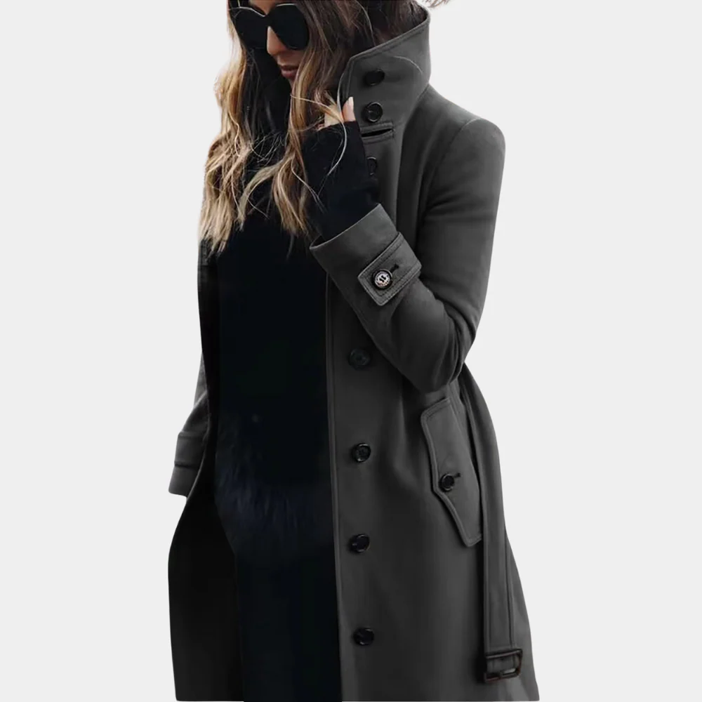 Damen Trenchcoat – Taillierte Passform – Wolloptik – Gürtel – Zweireihig – Knielang