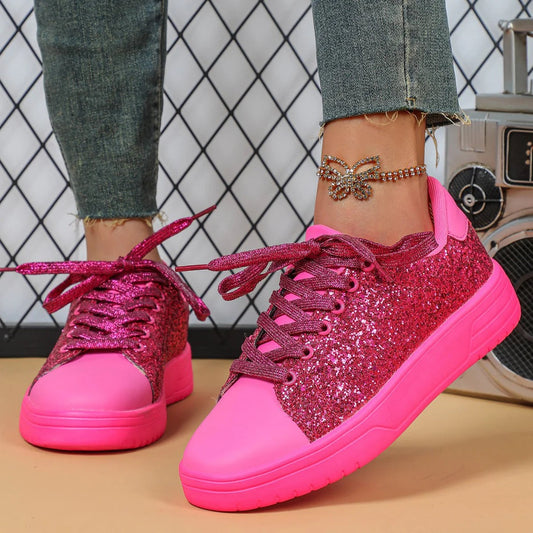 Damen Sneakers – Glitzerndes Obermaterial – Niedrig geschnitten – Schnürdesign – Gepolsterter Komfort