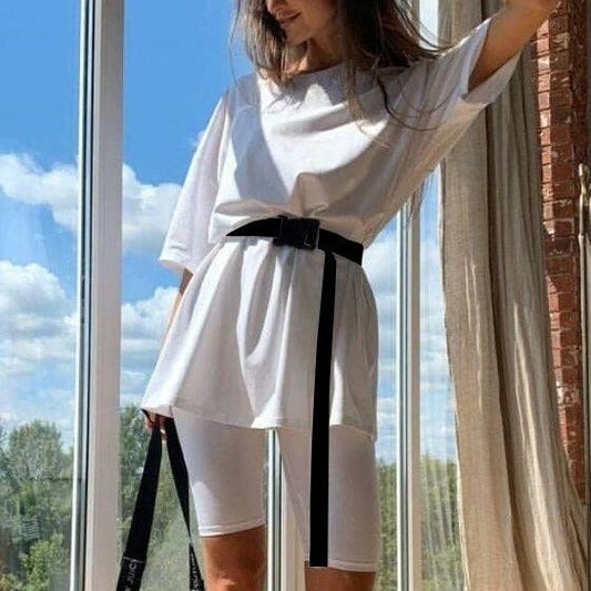 Damen Zweiteiler Set – Tunika mit Taillengürtel – Figurbetonte Radlerhose – Atmungsaktiv