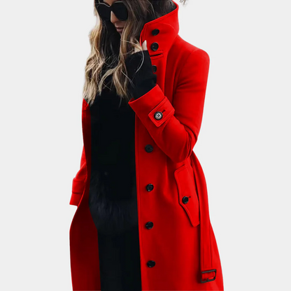 Damen Trenchcoat – Taillierte Passform – Wolloptik – Gürtel – Zweireihig – Knielang