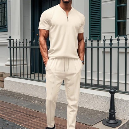 Herren Fitness Anzug – Slim Fit – Atmungsaktiv – Kurzarm Top mit Reißverschluss – Elastische Hose