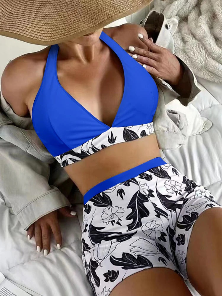 Damen Bikini Set – Halter Top – High Waist Shorts – Florales Muster – Stretch Stoff