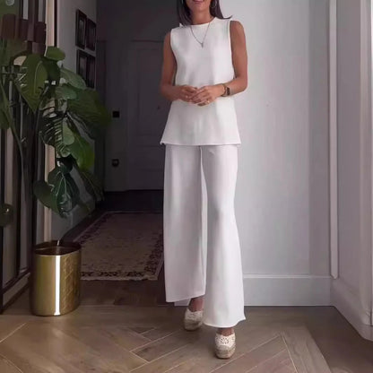 Damen Set mit Bluse und Palazzohose – Baumwollmix – Lockerer Schnitt – Ärmellos – High Waist