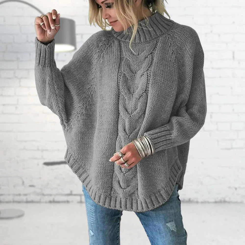 Damen Pullover – Oversized Fit – Wollstrick – Rollkragen – Fledermausärmel – Zopfmuster