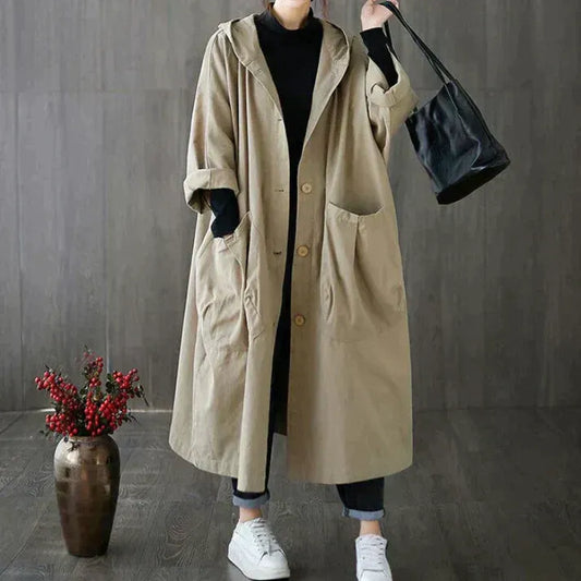 Damen Trenchcoat – Oversized Fit – Kapuze – Knopfverschluss – Baumwollähnlich
