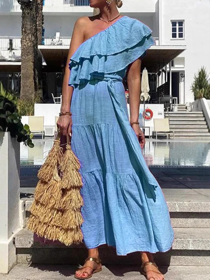 Damen Maxikleid – One-Shoulder – Rüschen – Stufenrock – Fließende Baumwolle – Lockerer Schnitt