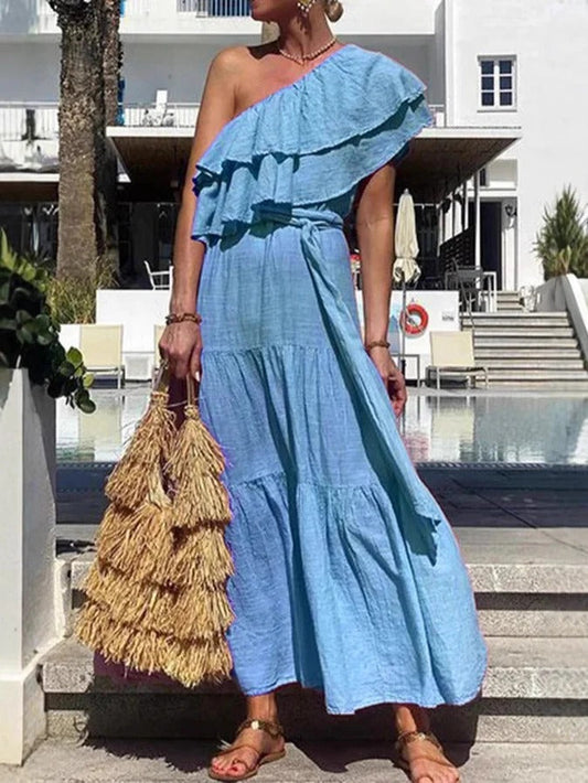 Damen Maxikleid – One-Shoulder – Rüschen – Stufenrock – Fließende Baumwolle – Lockerer Schnitt