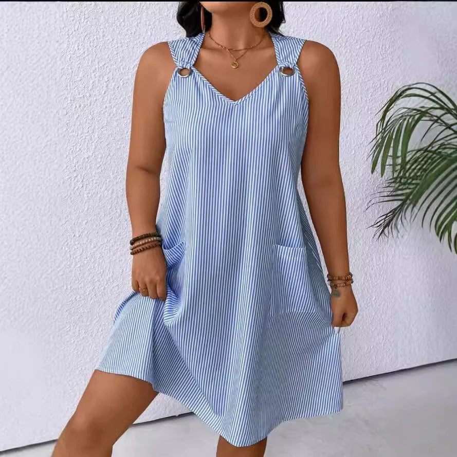 Damen A-Linienkleid – V-Ausschnitt – Atmungsaktives Gewebe – Kniebedeckend – Taschen