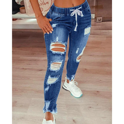 Damen Jeanshose – Slim Fit – Ripped Look – Elastischer Bund mit Kordelzug