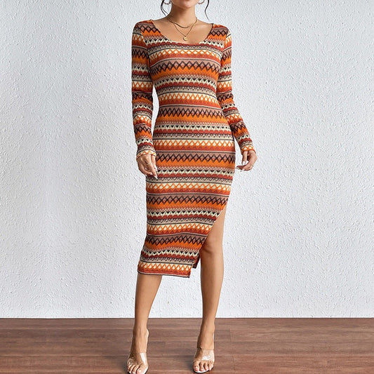 Damen Midikleid – Slim Fit – Scoop-Ausschnitt – Langarm – Geometrisches Muster – Asymmetrischer Schlitz