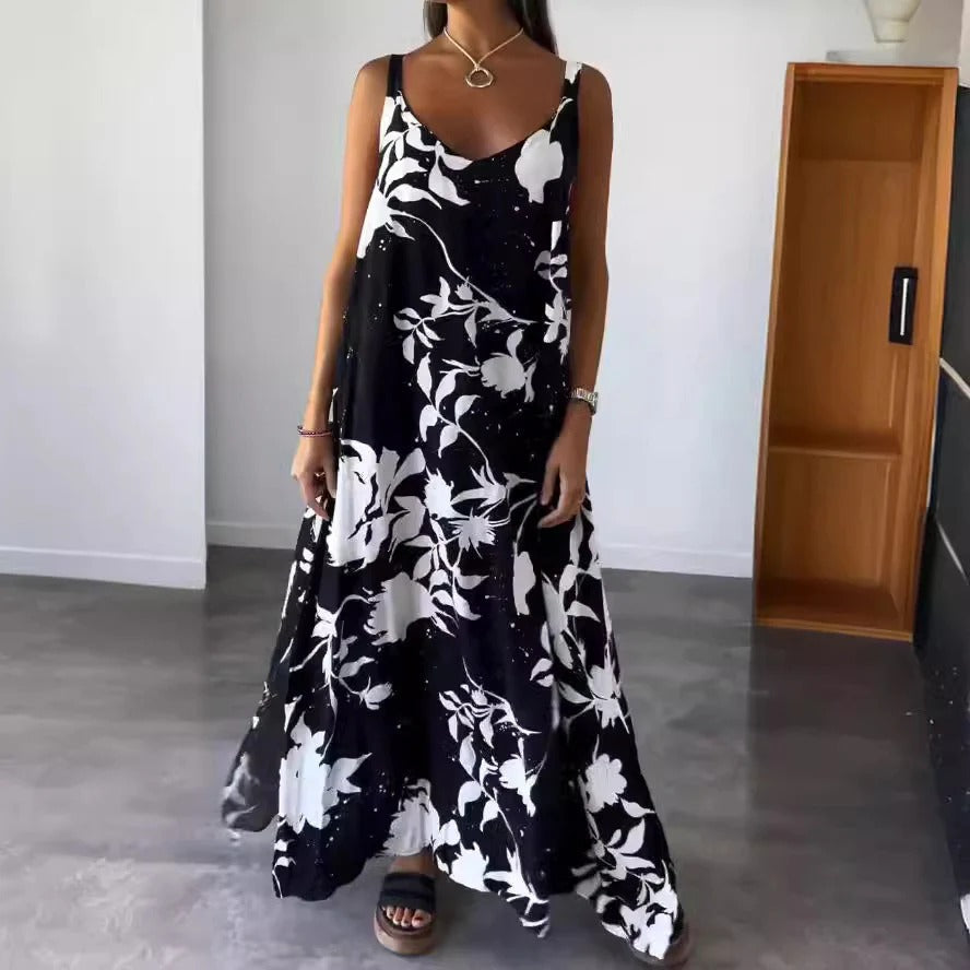 Damen Maxikleid – Lockere Passform – Tiefer V-Ausschnitt – Florales Muster – Luftiges Material